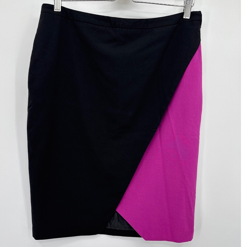 Asymmetrical Colorblock Wrap Cato Women's Pencil Skirt 12 Black Pink Front Knee
